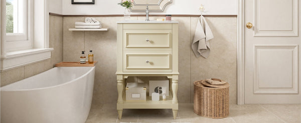 English Elm 20'' Retro Bathroom Vanity with Ceramic Sink Open Shelf and 2 Drawers for Small Baths Beige N710P458422Y