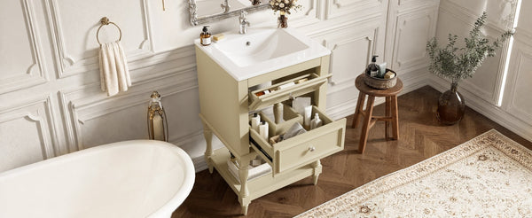 English Elm 20'' Retro Bathroom Vanity with Ceramic Sink Open Shelf and 2 Drawers for Small Baths Beige N710P458422Y