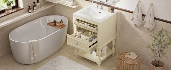 English Elm 20'' Retro Bathroom Vanity with Ceramic Sink Open Shelf and 2 Drawers for Small Baths Beige N710P458422Y