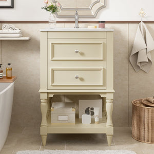 English Elm 20'' Retro Bathroom Vanity with Ceramic Sink Open Shelf and 2 Drawers for Small Baths Beige N710P458422Y