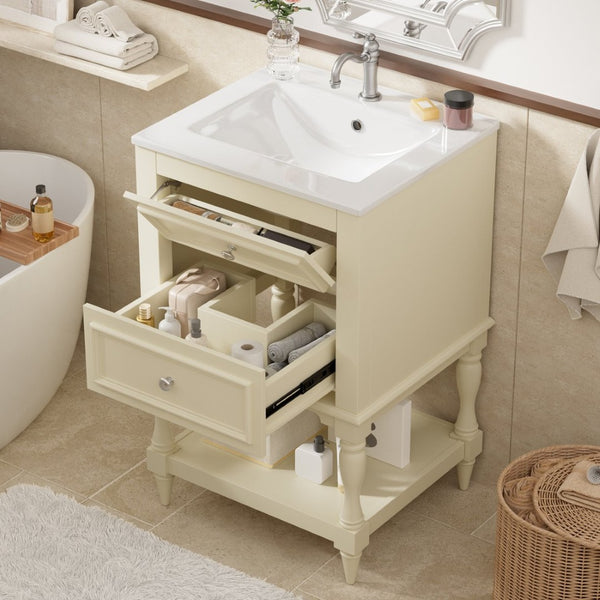 English Elm 20'' Retro Bathroom Vanity with Ceramic Sink Open Shelf and 2 Drawers for Small Baths Beige N710P458422Y