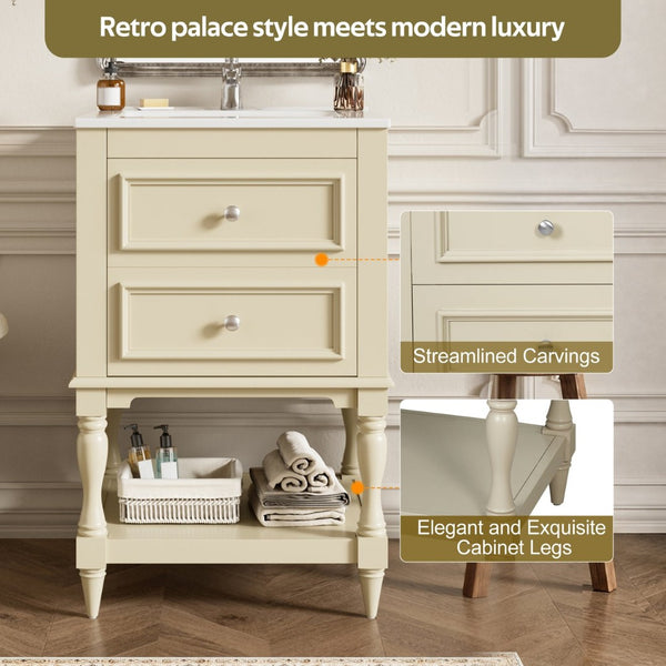 English Elm 20'' Retro Bathroom Vanity with Ceramic Sink Open Shelf and 2 Drawers for Small Baths Beige N710P458422Y