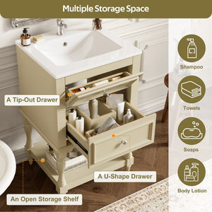 English Elm 20'' Retro Bathroom Vanity with Ceramic Sink Open Shelf and 2 Drawers for Small Baths Beige N710P458422Y