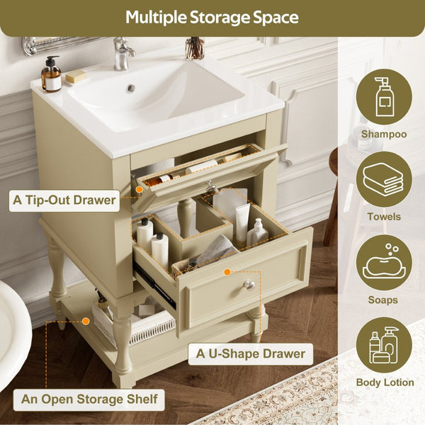 English Elm 20'' Retro Bathroom Vanity with Ceramic Sink Open Shelf and 2 Drawers for Small Baths Beige N710P458422Y