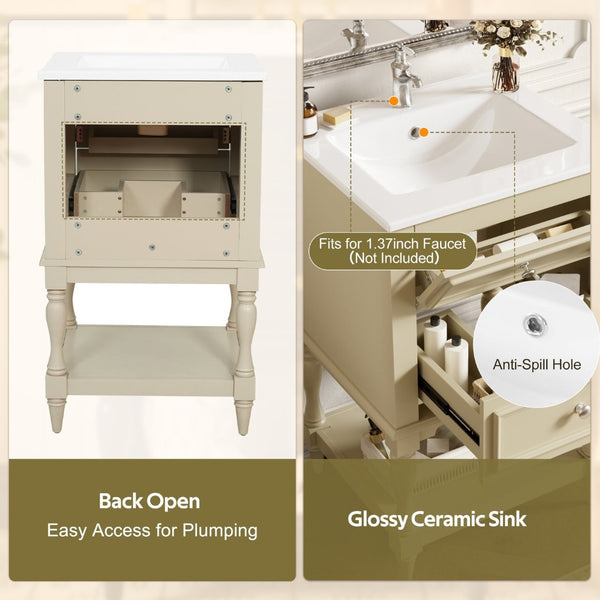 English Elm 20'' Retro Bathroom Vanity with Ceramic Sink Open Shelf and 2 Drawers for Small Baths Beige N710P458422Y