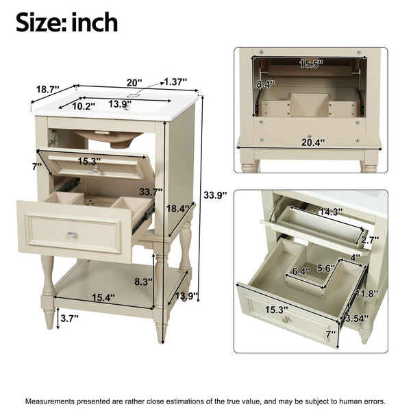 English Elm 20'' Retro Bathroom Vanity with Ceramic Sink Open Shelf and 2 Drawers for Small Baths Beige N710P458422Y