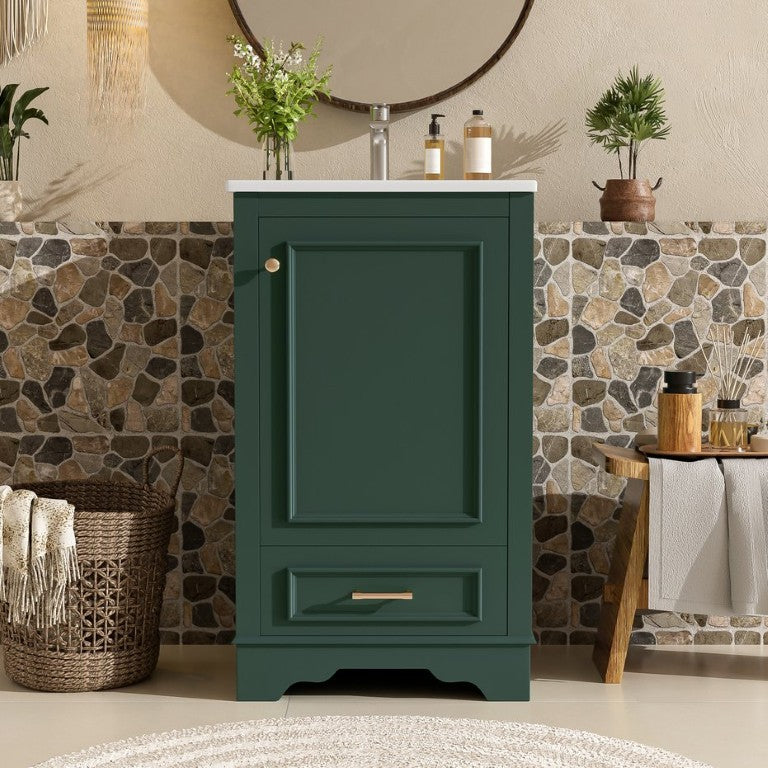 English Elm 20-Inch Freestanding Bathroom Vanity Sage Rubberwood Cabinet with Ceramic Basin Soft Close N710P458427F