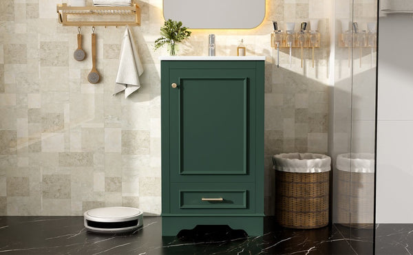 English Elm 20-Inch Freestanding Bathroom Vanity Sage Rubberwood Cabinet with Ceramic Basin Soft Close N710P458427F
