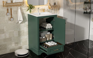 English Elm 20-Inch Freestanding Bathroom Vanity Sage Rubberwood Cabinet with Ceramic Basin Soft Close N710P458427F