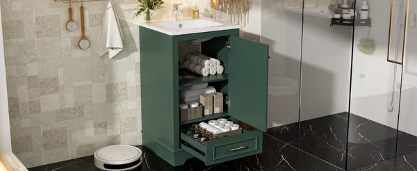 English Elm 20-Inch Freestanding Bathroom Vanity Sage Rubberwood Cabinet with Ceramic Basin Soft Close N710P458427F