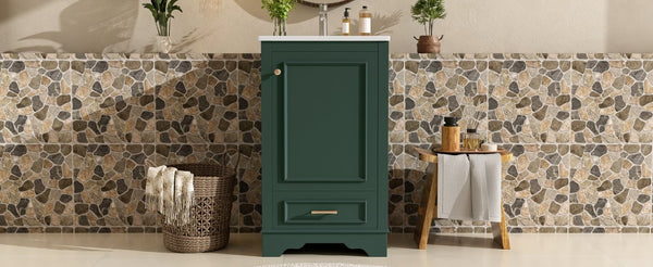 English Elm 20-Inch Freestanding Bathroom Vanity Sage Rubberwood Cabinet with Ceramic Basin Soft Close N710P458427F