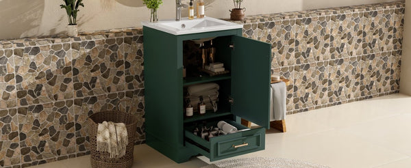 English Elm 20-Inch Freestanding Bathroom Vanity Sage Rubberwood Cabinet with Ceramic Basin Soft Close N710P458427F
