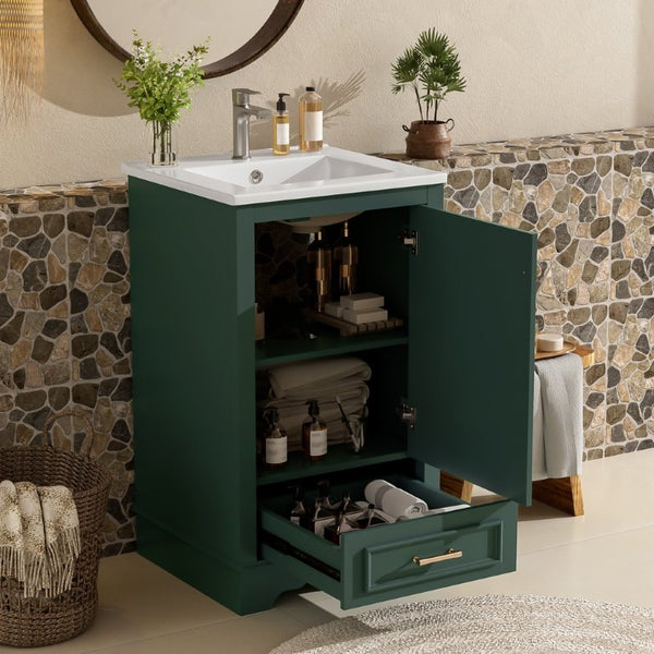 English Elm 20-Inch Freestanding Bathroom Vanity Sage Rubberwood Cabinet with Ceramic Basin Soft Close N710P458427F