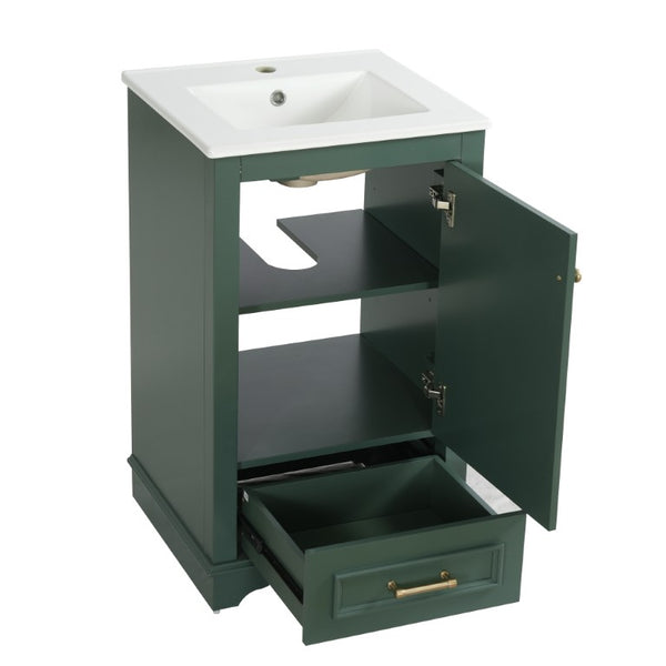 English Elm 20-Inch Freestanding Bathroom Vanity Sage Rubberwood Cabinet with Ceramic Basin Soft Close N710P458427F