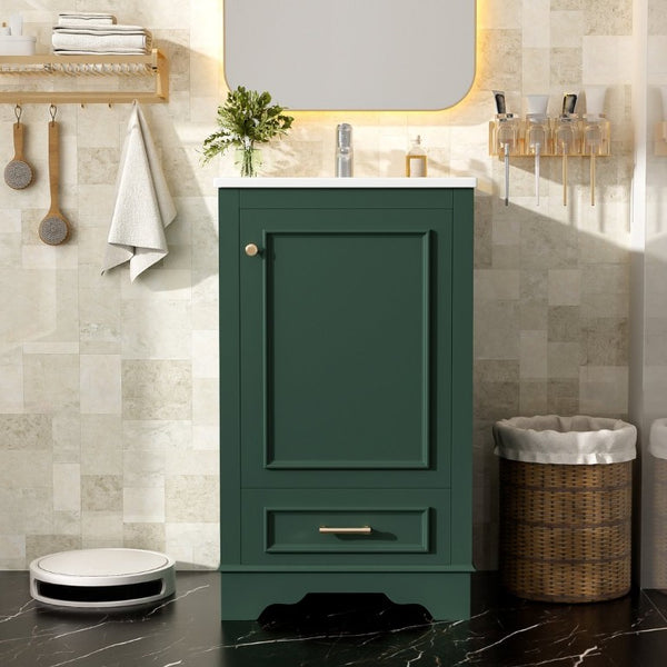 English Elm 20-Inch Freestanding Bathroom Vanity Sage Rubberwood Cabinet with Ceramic Basin Soft Close N710P458427F