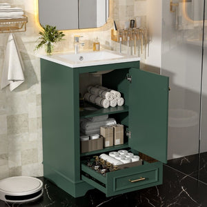 English Elm 20-Inch Freestanding Bathroom Vanity Sage Rubberwood Cabinet with Ceramic Basin Soft Close N710P458427F
