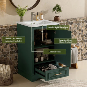 English Elm 20-Inch Freestanding Bathroom Vanity Sage Rubberwood Cabinet with Ceramic Basin Soft Close N710P458427F