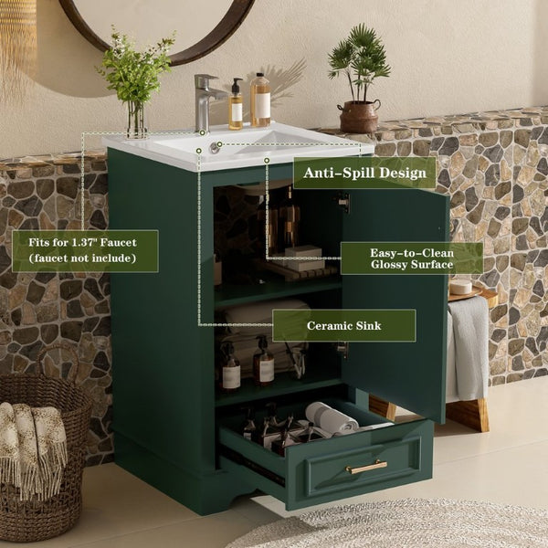 English Elm 20-Inch Freestanding Bathroom Vanity Sage Rubberwood Cabinet with Ceramic Basin Soft Close N710P458427F