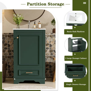 English Elm 20-Inch Freestanding Bathroom Vanity Sage Rubberwood Cabinet with Ceramic Basin Soft Close N710P458427F