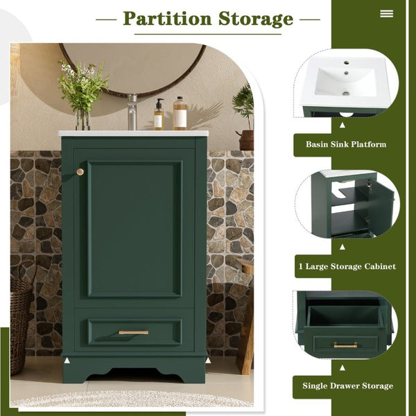 English Elm 20-Inch Freestanding Bathroom Vanity Sage Rubberwood Cabinet with Ceramic Basin Soft Close N710P458427F