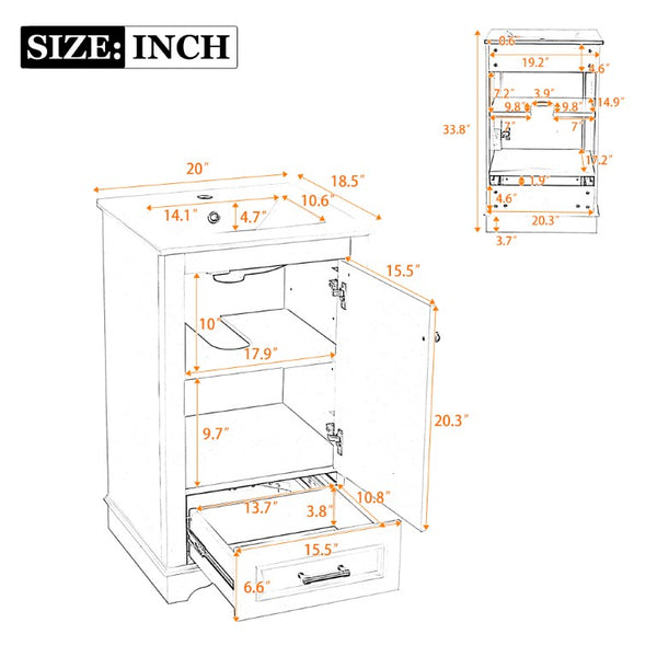 English Elm 20-Inch Freestanding Bathroom Vanity Sage Rubberwood Cabinet with Ceramic Basin Soft Close N710P458427F