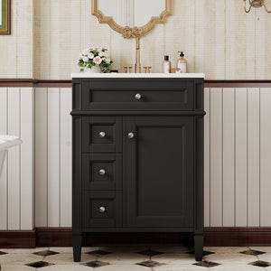 English Elm 24 Inch French Inspired Bathroom Vanity with Ceramic Sink Soft Close Drawers and Cabinet Black N710P458431B