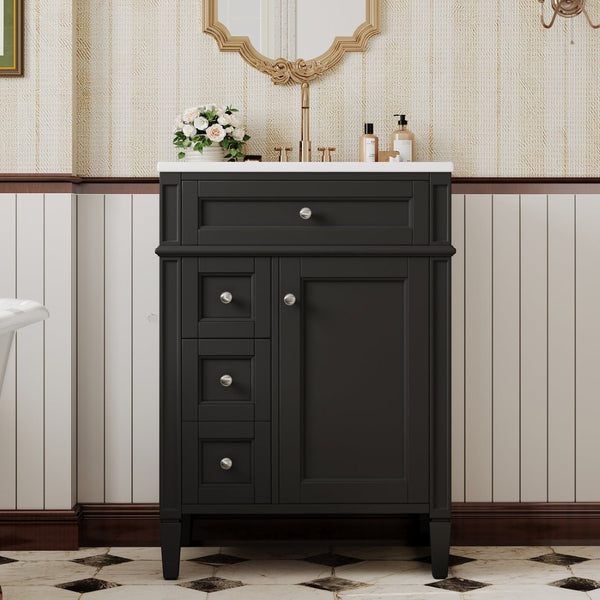 English Elm 24 Inch French Inspired Bathroom Vanity with Ceramic Sink Soft Close Drawers and Cabinet Black N710P458431B
