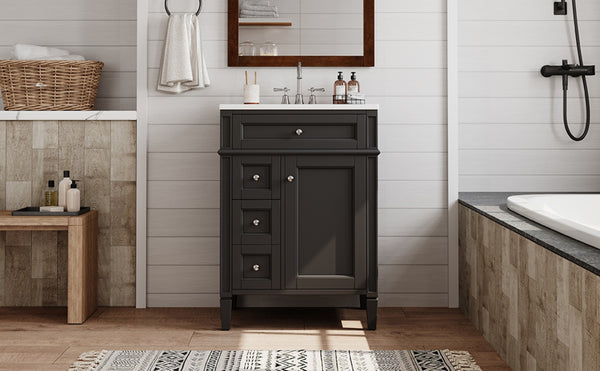 English Elm 24 Inch French Inspired Bathroom Vanity with Ceramic Sink Soft Close Drawers and Cabinet Black N710P458431B