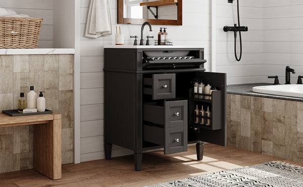 English Elm 24 Inch French Inspired Bathroom Vanity with Ceramic Sink Soft Close Drawers and Cabinet Black N710P458431B