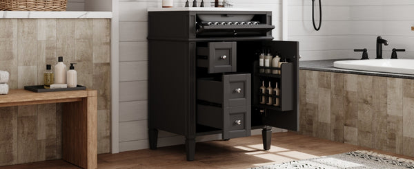 English Elm 24 Inch French Inspired Bathroom Vanity with Ceramic Sink Soft Close Drawers and Cabinet Black N710P458431B