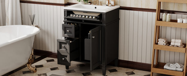 English Elm 24 Inch French Inspired Bathroom Vanity with Ceramic Sink Soft Close Drawers and Cabinet Black N710P458431B