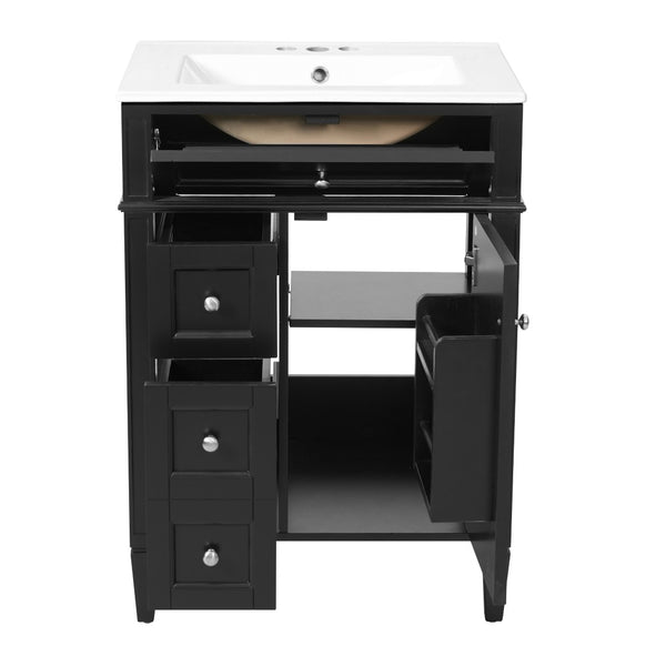 English Elm 24 Inch French Inspired Bathroom Vanity with Ceramic Sink Soft Close Drawers and Cabinet Black N710P458431B