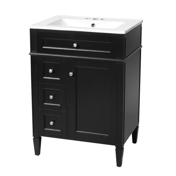 English Elm 24 Inch French Inspired Bathroom Vanity with Ceramic Sink Soft Close Drawers and Cabinet Black N710P458431B