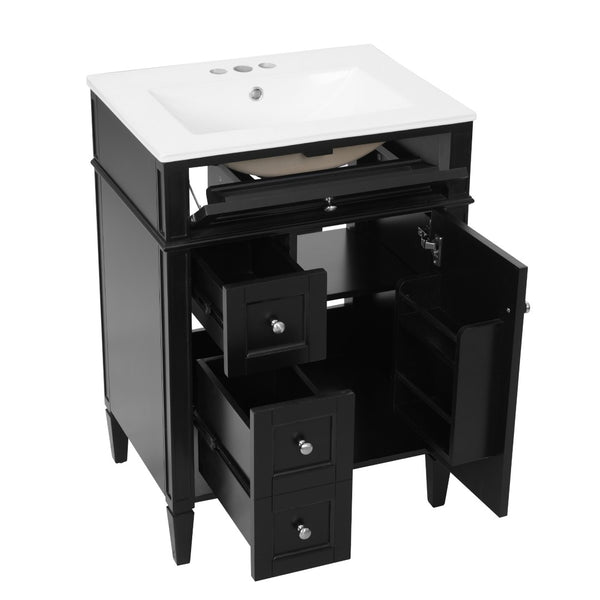 English Elm 24 Inch French Inspired Bathroom Vanity with Ceramic Sink Soft Close Drawers and Cabinet Black N710P458431B