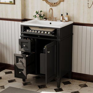 English Elm 24 Inch French Inspired Bathroom Vanity with Ceramic Sink Soft Close Drawers and Cabinet Black N710P458431B