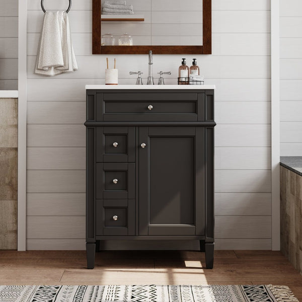 English Elm 24 Inch French Inspired Bathroom Vanity with Ceramic Sink Soft Close Drawers and Cabinet Black N710P458431B