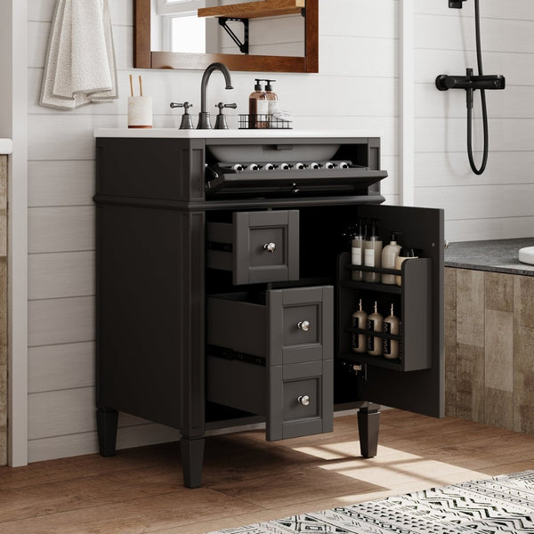 English Elm 24 Inch French Inspired Bathroom Vanity with Ceramic Sink Soft Close Drawers and Cabinet Black N710P458431B
