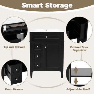 English Elm 24 Inch French Inspired Bathroom Vanity with Ceramic Sink Soft Close Drawers and Cabinet Black N710P458431B