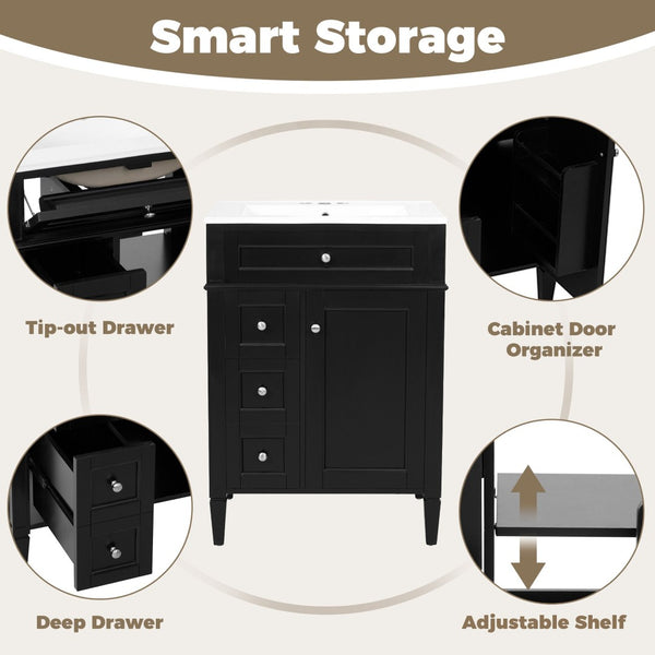 English Elm 24 Inch French Inspired Bathroom Vanity with Ceramic Sink Soft Close Drawers and Cabinet Black N710P458431B