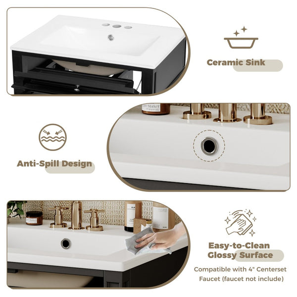 English Elm 24 Inch French Inspired Bathroom Vanity with Ceramic Sink Soft Close Drawers and Cabinet Black N710P458431B
