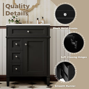 English Elm 24 Inch French Inspired Bathroom Vanity with Ceramic Sink Soft Close Drawers and Cabinet Black N710P458431B