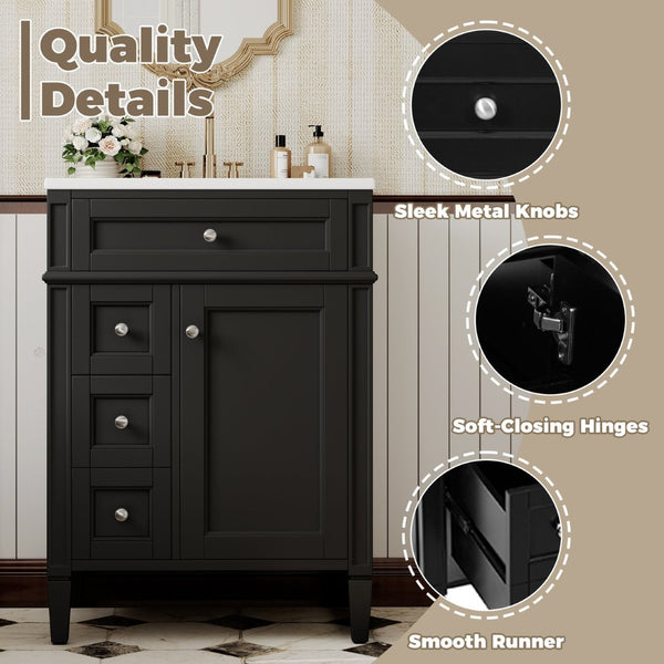 English Elm 24 Inch French Inspired Bathroom Vanity with Ceramic Sink Soft Close Drawers and Cabinet Black N710P458431B