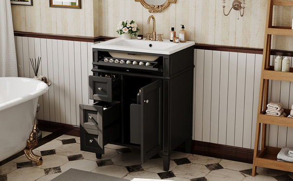 English Elm 24 Inch French Inspired Bathroom Vanity with Ceramic Sink Soft Close Drawers and Cabinet Black N710P458431B