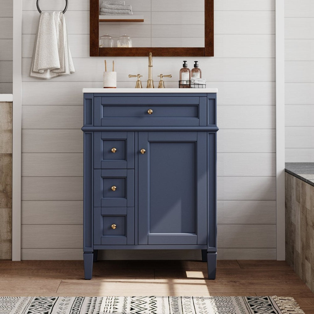English Elm 24'' French Inspired Single Sink Vanity Solid Wood Legs Blue Lacquer 3 Drawer Storage N710P458431C