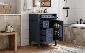 English Elm 24'' French Inspired Single Sink Vanity Solid Wood Legs Blue Lacquer 3 Drawer Storage N710P458431C