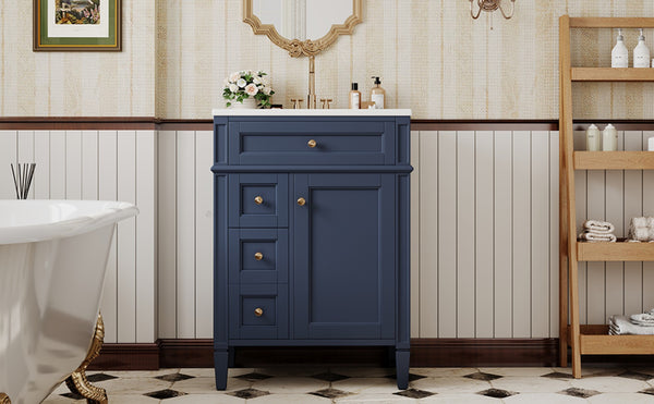 English Elm 24'' French Inspired Single Sink Vanity Solid Wood Legs Blue Lacquer 3 Drawer Storage N710P458431C