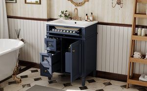 English Elm 24'' French Inspired Single Sink Vanity Solid Wood Legs Blue Lacquer 3 Drawer Storage N710P458431C