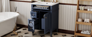 English Elm 24'' French Inspired Single Sink Vanity Solid Wood Legs Blue Lacquer 3 Drawer Storage N710P458431C