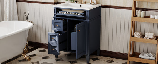 English Elm 24'' French Inspired Single Sink Vanity Solid Wood Legs Blue Lacquer 3 Drawer Storage N710P458431C