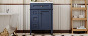 English Elm 24'' French Inspired Single Sink Vanity Solid Wood Legs Blue Lacquer 3 Drawer Storage N710P458431C